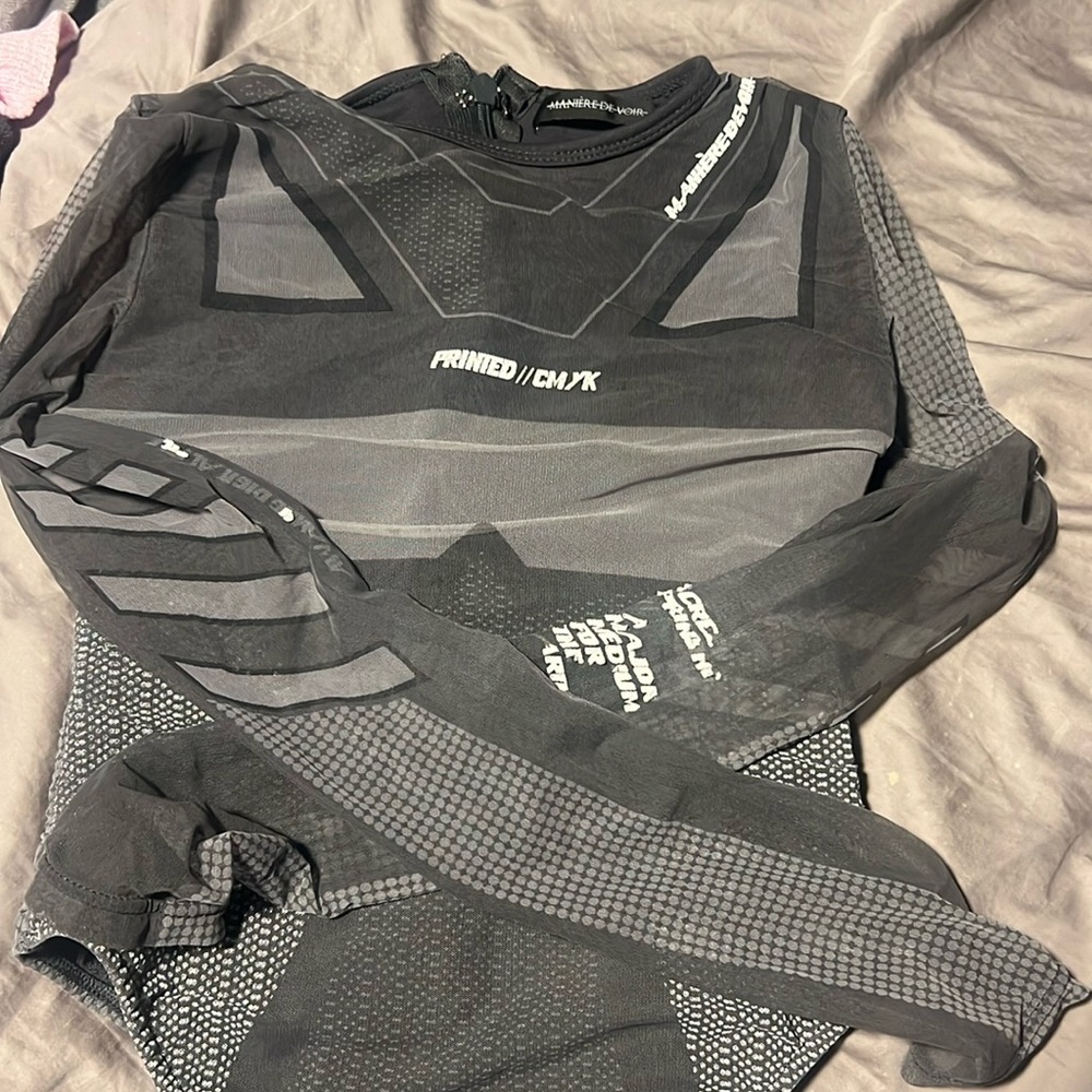 Maniere De Voir Grey Two Piece Set “Technical Print Mesh Bodysuit-Grey”